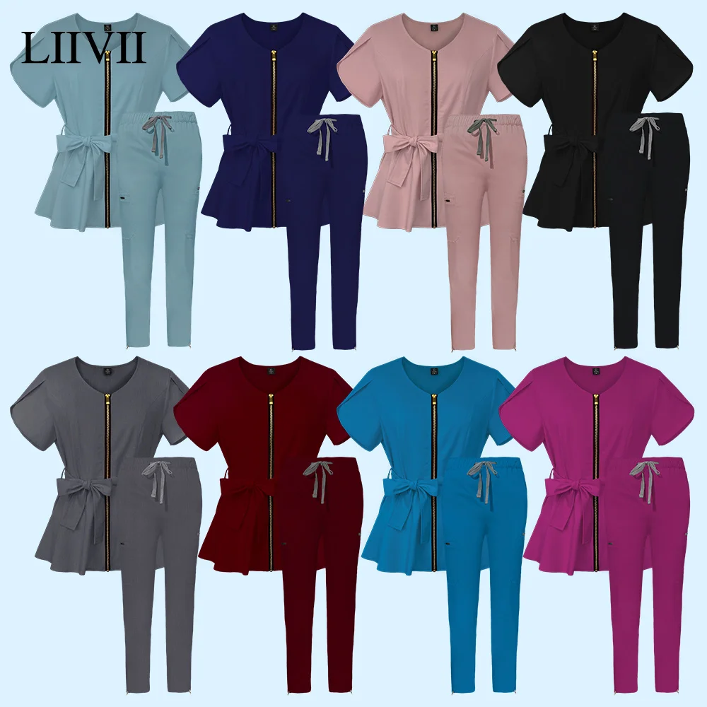 

Nursing Uniform Women Summer Medical Scrubs Short Sleeve Blouse with Belt Operating Room Workwear Lab Uniforms Nurse Accessories