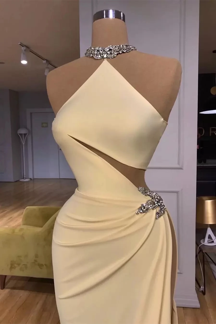 Stunning Jade Strapless Half Sleeve Slit Evening Party Gowns Beadings With Ruffles