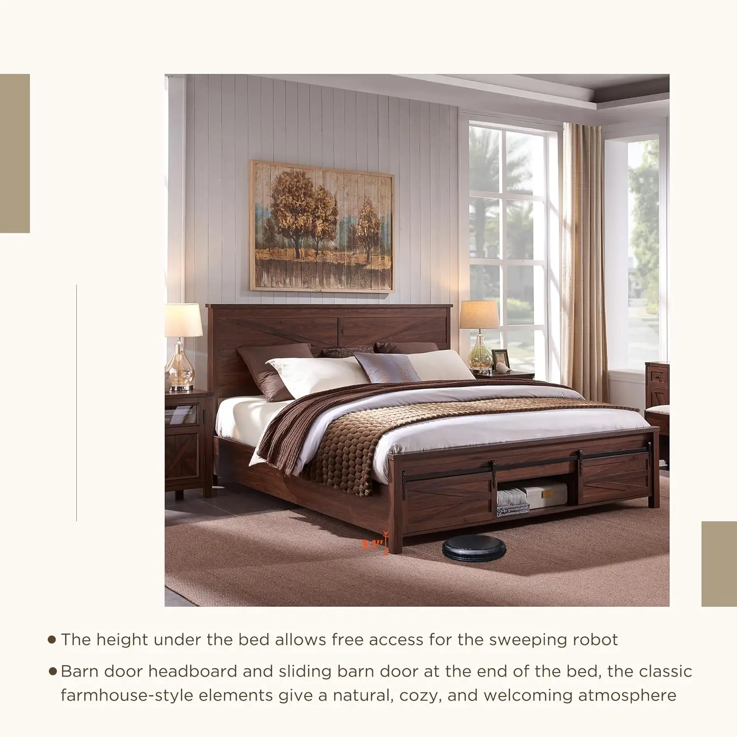 King Farmhouse Wood Bed Frame with Sliding Barn Door Storage Cabinets, Solid Wood Slats Support,  No Box Spring Needed, Brown 6