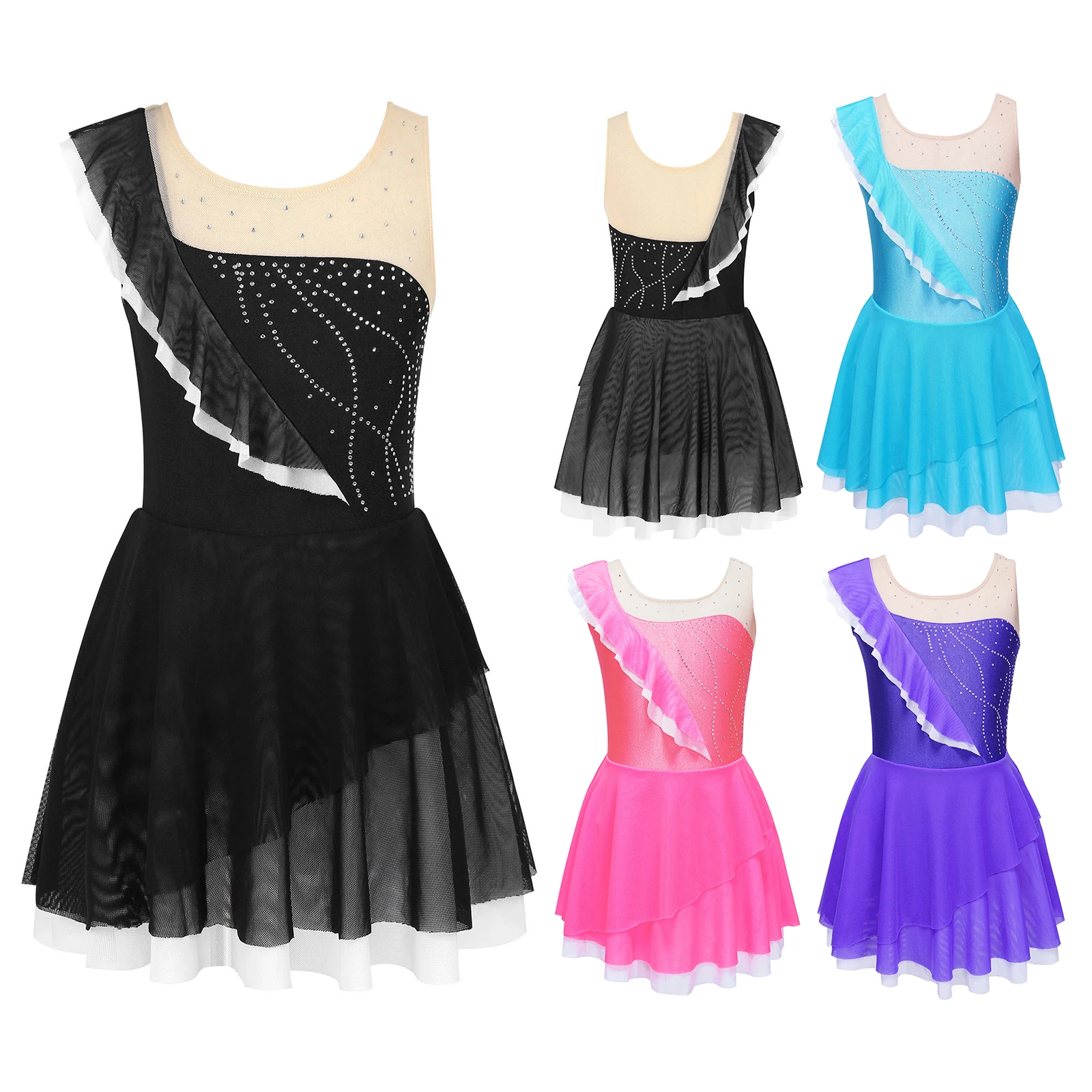 

Kids Figure Skating Dress Shiny Rhinestone Mesh Splice Ballet Gymnastics Leotard Girls Child Competition Lyrical Dance Costumes