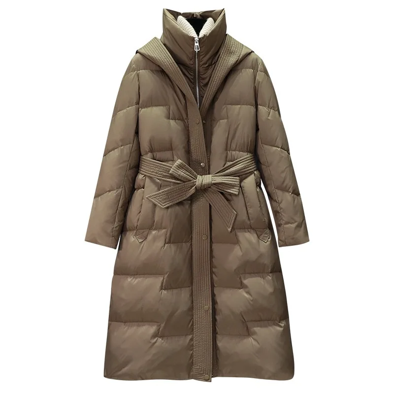 White Duck Down Hooded Down Jacket for Women Temperament Slim Fit Medium Length Thick and Warm Coat