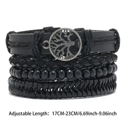 Men's Black PU Leather Tree of Life Bracelet with Wood Beads and Multi - Layer Woven Design (1)