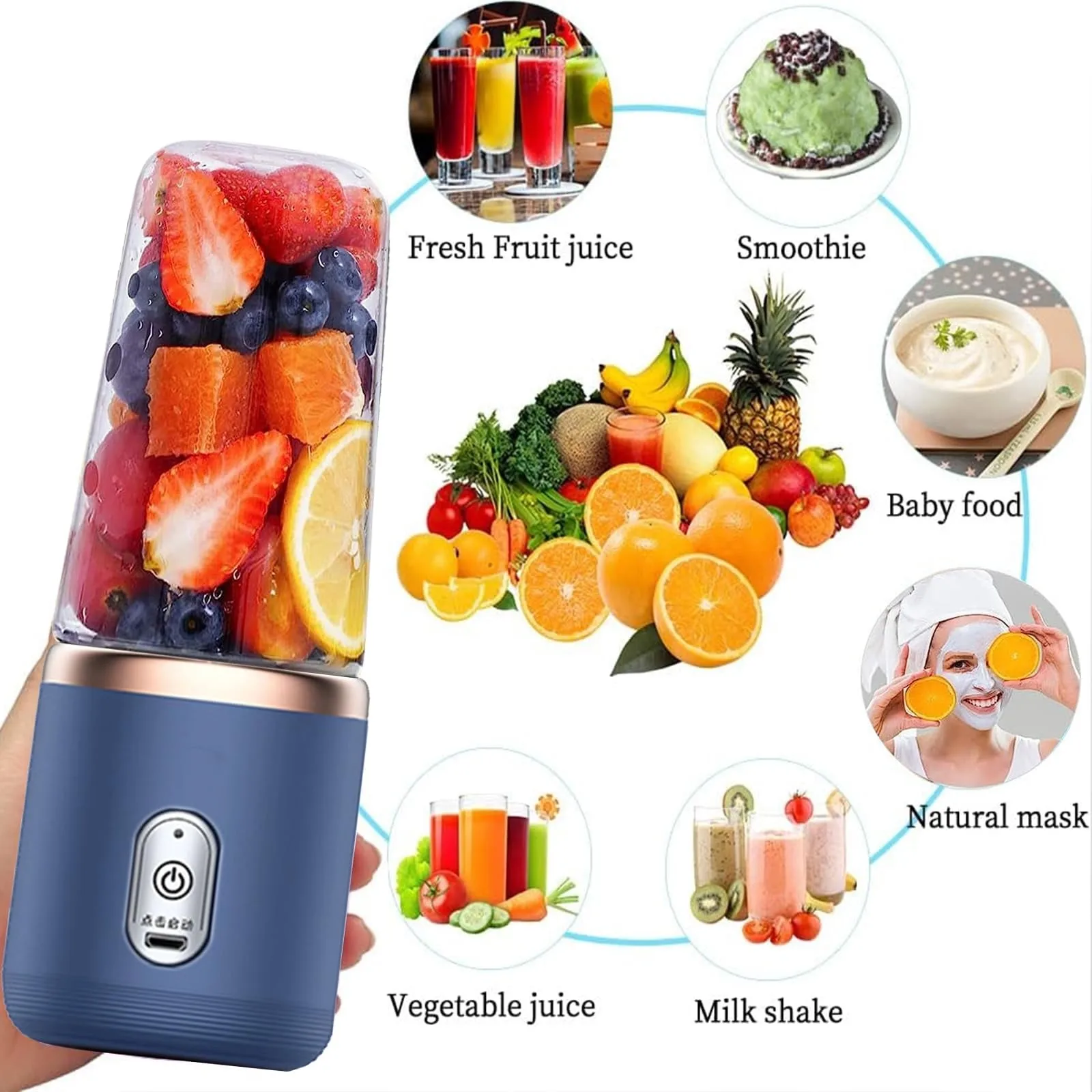 Portable Blender, Personal Blender USB Rchargeable, Mini Blender for Shakes and Smoothies, 400ML Portable Fruit Veggie Juicer Cup With 6 Blades and Travel Lid, Handheld Blender for Travel Gym Kitchen(Blue) 4