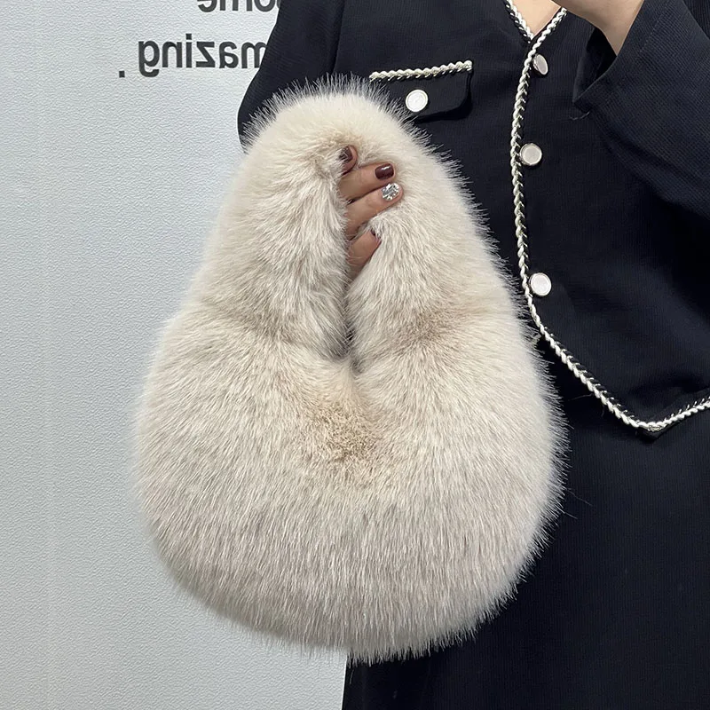 Winter Fashion Soft Warm Faux Fur Handbag Women's Elegant Luxury Designer Clutch Purse Ladies Plush Hobo Bag Female Shoulder Bag