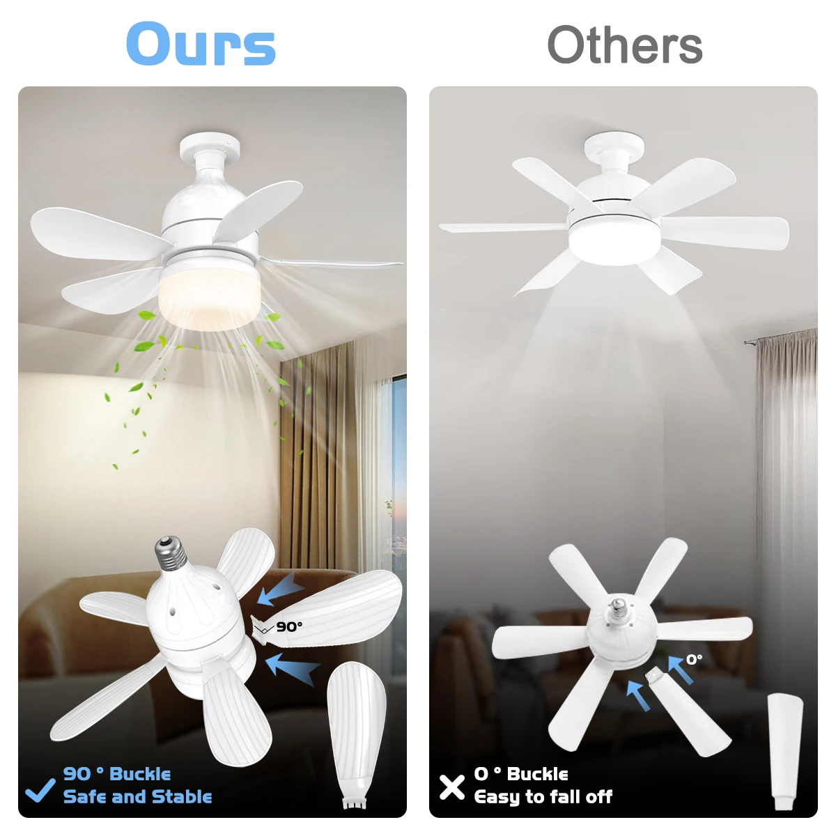 Socket Fan Light Bulb Dimmable LED Ceiling Fans with Lights and Remote Adjustable Color And Brightness Fan for Kitchen Bedroom