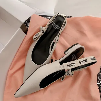 New Summer Low Block Heel Suede Pointed Toe Low-Cut Flats with Letter Back Strap Closed-Toe Sandals 1