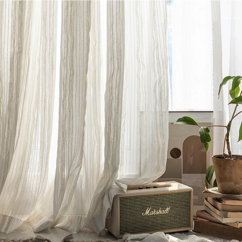 

American cotton linen striped sheer curtains for balcony study screen thin curtain tulle bedroom living room shading custom size