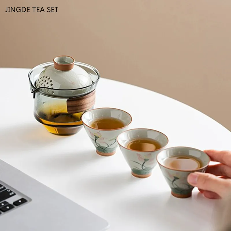 Exquisite Hand-painted Lotus Tea Set Travel Cup Gaiwan Set Outdoor Portable A Pot of Three Cups Custom Tea Gift Storage Box