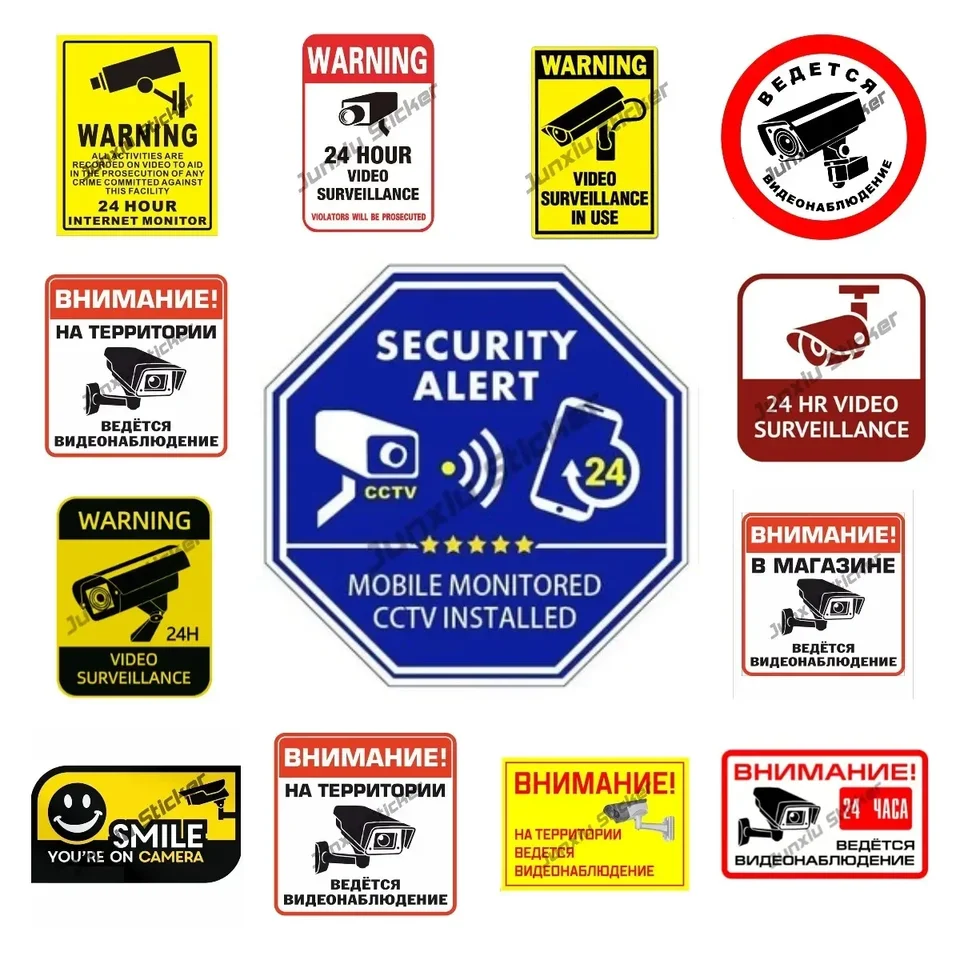 Video Monitored Alarm Warning Stickers & Signs - Deterrent Decals For Home/Business Security
