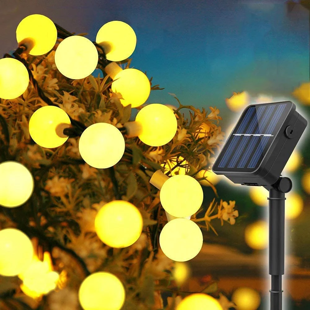 10m 5m 8 Modes Solar Ball Light String Waem White Holiday Fairy Patio Garland Lights for Wedding Home Party House Garden Decor 112 56leds 8 modes solar led fireworks lights christmas fairy meteor lamp for wedding new year home party patio landscape decor