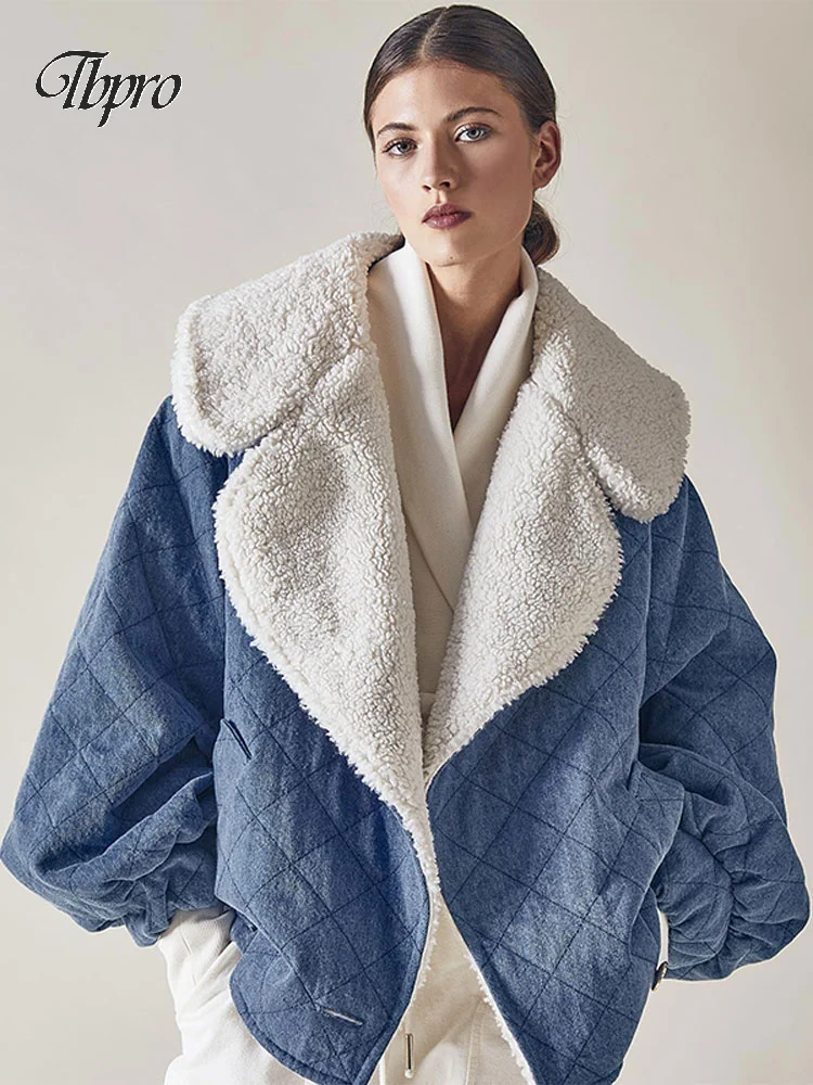 

Fashion Lamb Wool Patchwork Denim Jacket Women Causal Warm Turndown Collar Long Sleeve Buttons Coat Female Loose Street Outwear