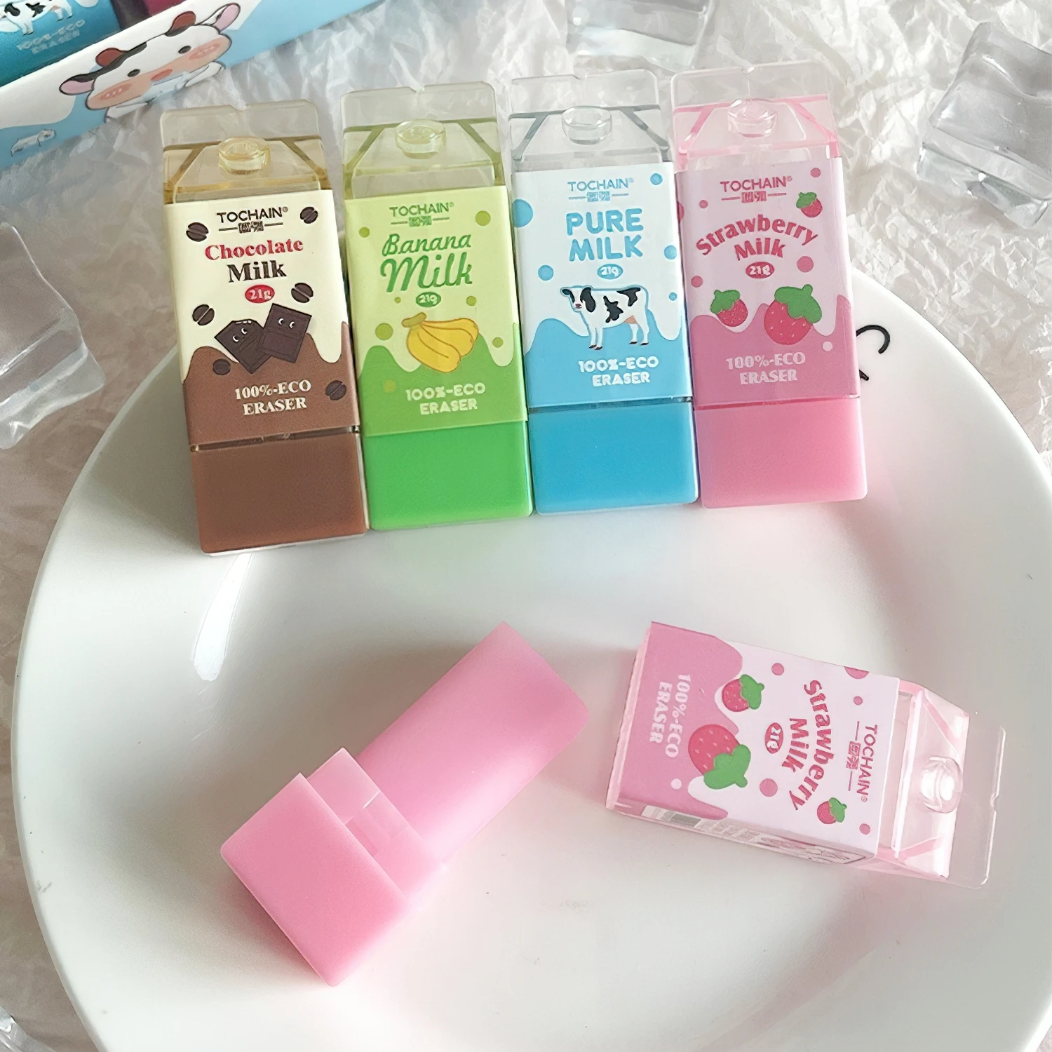4pcs Pencil Eraser Milk Eraser Set Cartoon Mini Banana Chocolate Less Dust Eco PVC Cleaning Tools