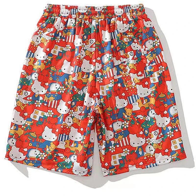 Olá kitty shorts dos desenhos animados das mulheres verão calças de perna larga versátil drape casa casual praia cinco pontos shorts