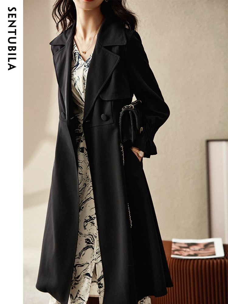 SENTUBILA Black Long Fitted Trench Coat for Women 2023 Spring Autumn Fashion Elegant Wide Lapels Long Sleeve Overcoats Clothing