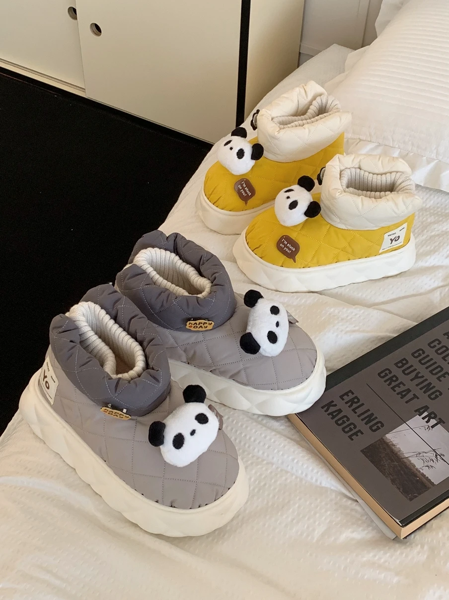 Cute Panda Couple Snow Boots 2023 Winter Thick Versatile For Men Women Indoor Household Boots Shoes Waterproof Cotton Slippers