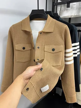 High end brand classic striped jacket 2023 Spring and Autumn New Korean casual pocket knitted sweater Fashion men's lapel coat 1