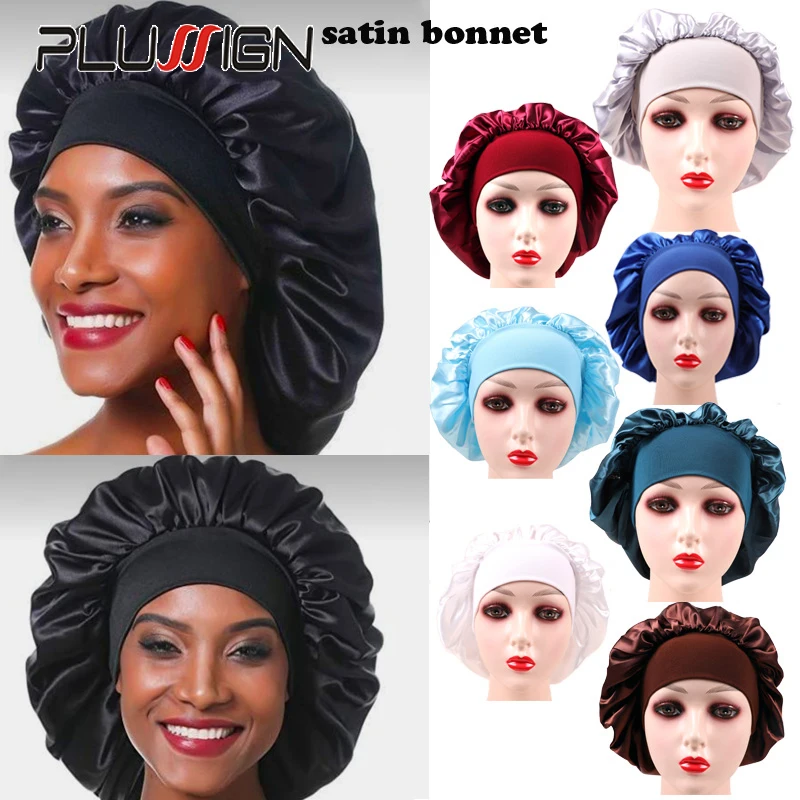 20Pcs Satin Bonnet Black Plain Hair Bonnets With 6Cm Wide Edge Wrap Silk Hat For Sleeping Hair Care Unisex Cap
