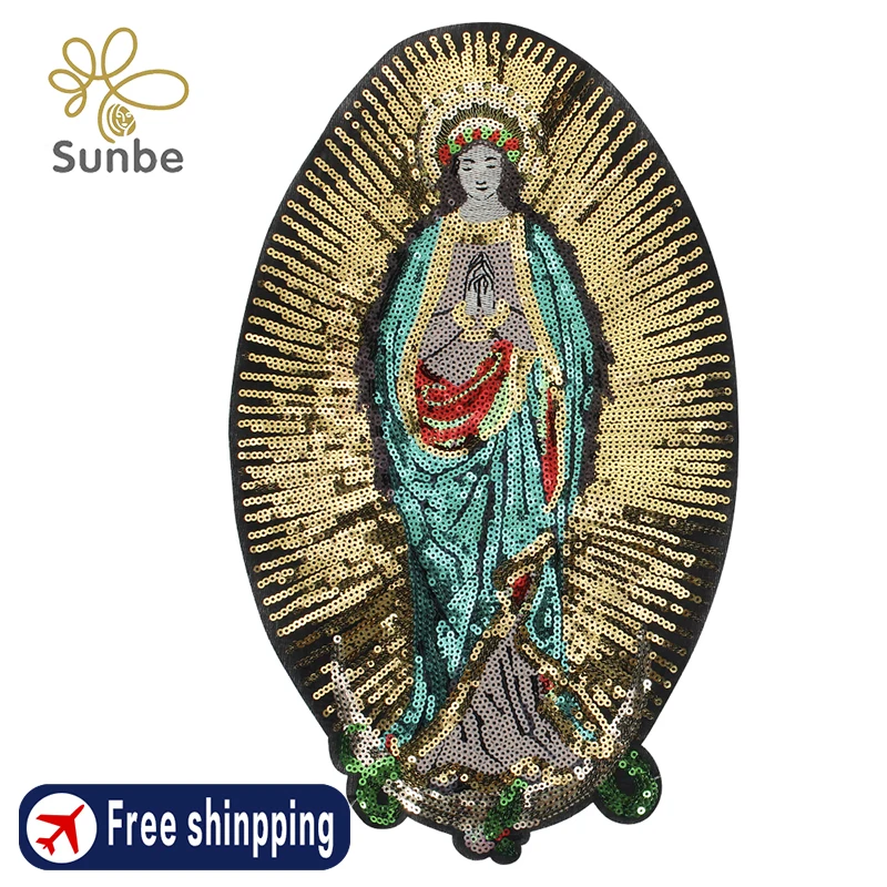 Blessed panenské maria bohyně zlato flitry vyšívané nášivka patche šít na odznak embellishments pro duchovní crafts&clothing