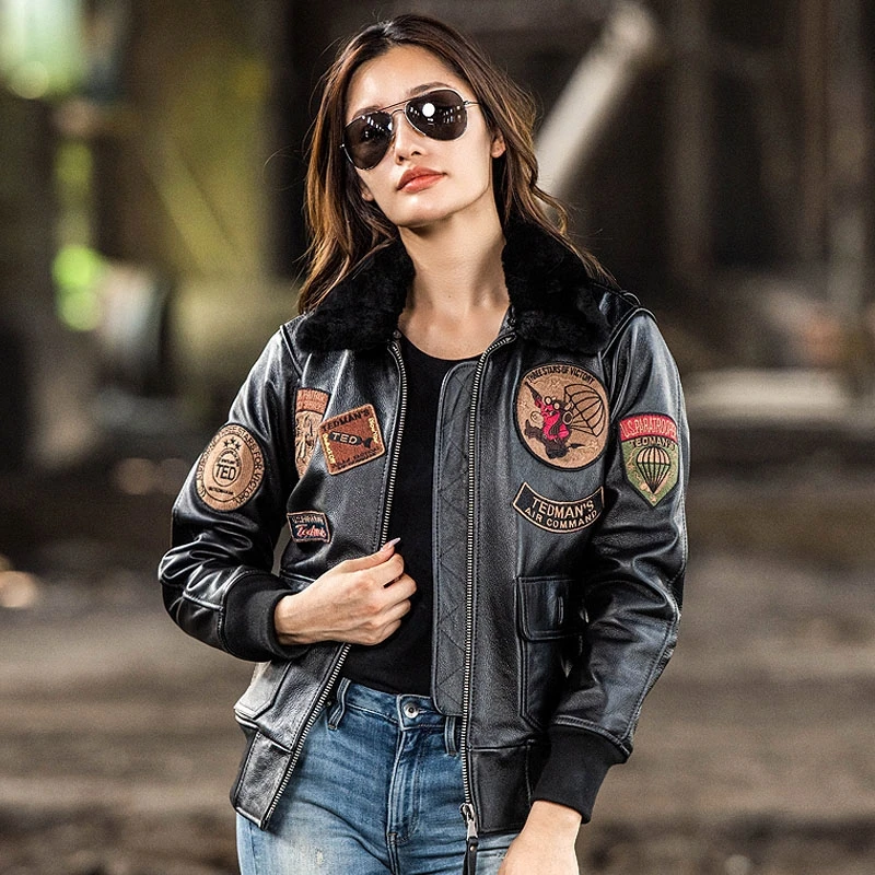 Anuncio directorio misil Chaqueta de piloto G1 marrón oscuro para mujer, estilo militar, talla grande  3XL, piel de vaca Natural, abrigos de Aviador ajustados de cuero genuino,  otoño _ - AliExpress Mobile