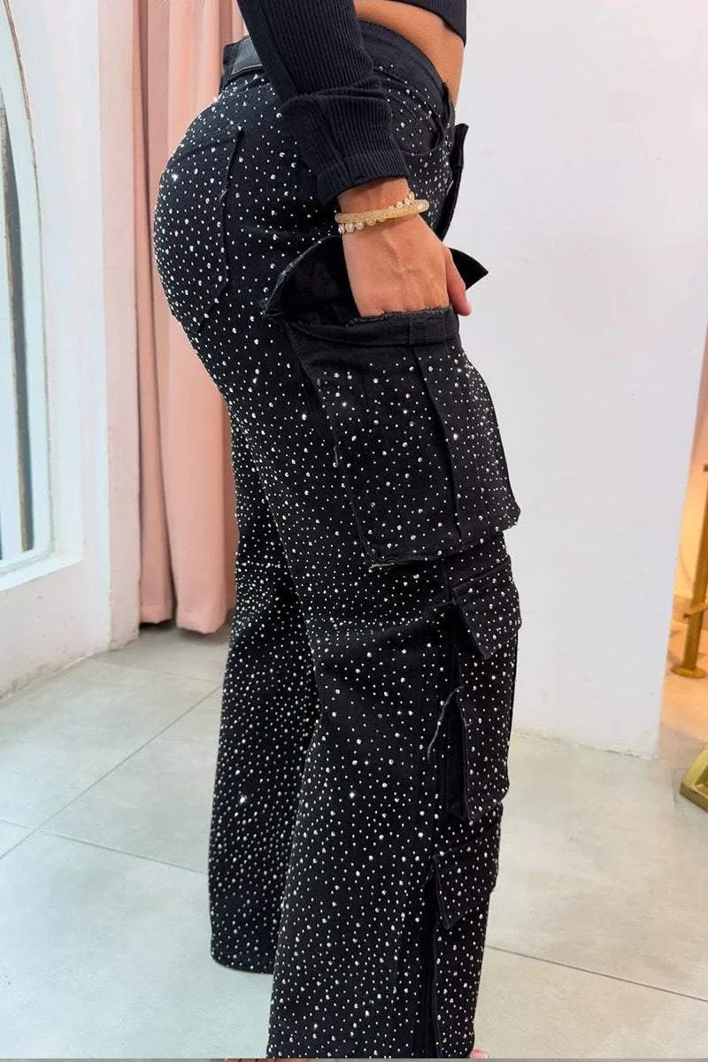 2025 New High Waist Black Rhinestone Multi-Pocket Work Jeans Street Style High Quality Fashionable Straight Jeans 4
