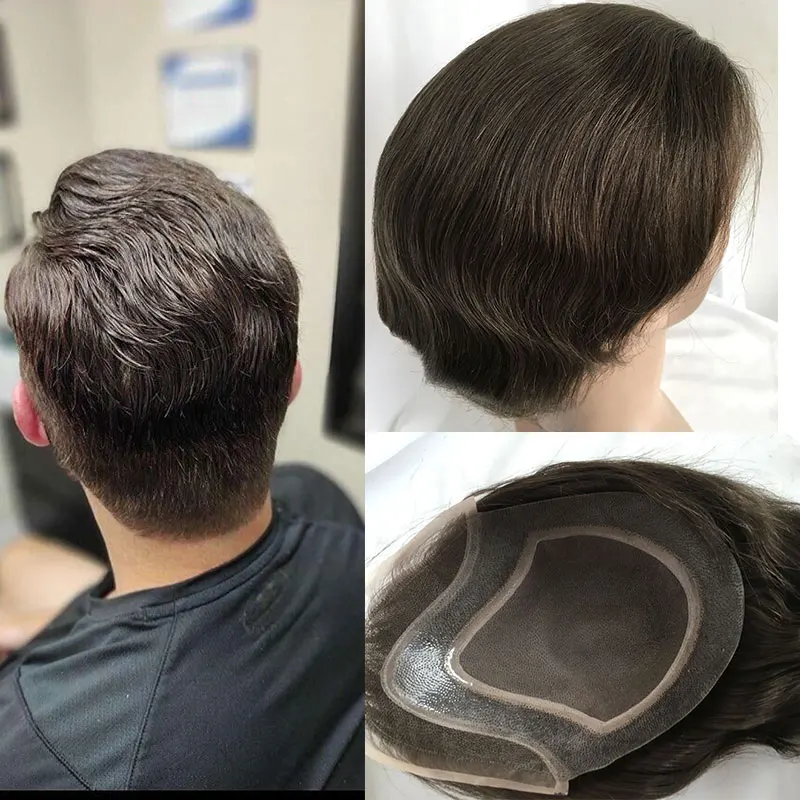 Toupee 남성용 인모 교체 시스템, 모노 얇은 피부 Pu 및 프렌치 레이스 프론트 헤어 피스, 남성용 가발 4 라이트 브라운