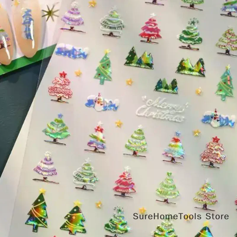 5D Laser Relief Christmas Nail Stickers - Snowflakes Santa Elk Christmas Tree Decals, Embossed Winter Xmas DIY Manicure Set