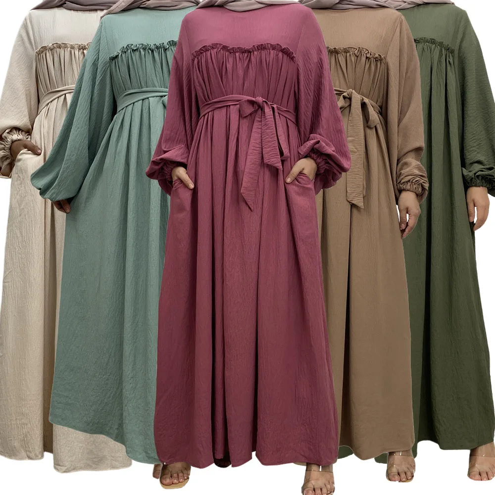 

Plain Abaya Muslim Long Dress Women Ramadan Eid Crepe Balloon Sleeve Islamic Caftan African Dresses Dubai Turkish Modesty Kaftan