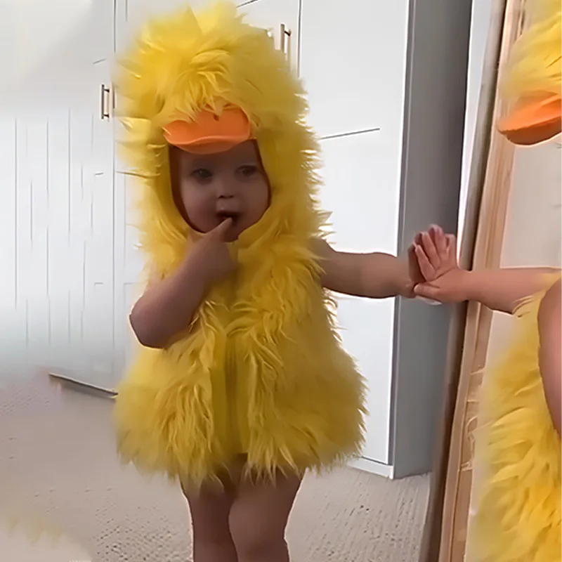 Umorden Baby Yellow Duck Costume Cosplay Kigurumi Cartoon Animal Rompers Infant Toddler Jumpsuit Flannel Halloween Fancy Dress