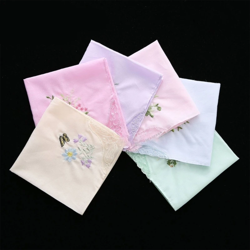 1 Pc 28cm Colorful White Lace Embroidered Handkerchief Floral Pattern Cotton Square Towel Wedding Party Hanky Random Color