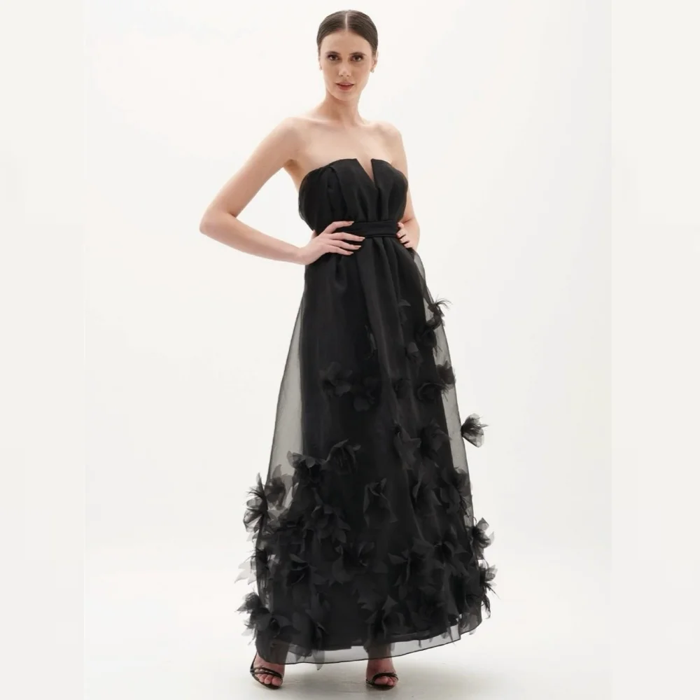 

Prom Dress Evening Saudi Arabia Organza Flower Draped Pleat Engagement A-line Strapless Bespoke Occasion Gown Midi Dresses