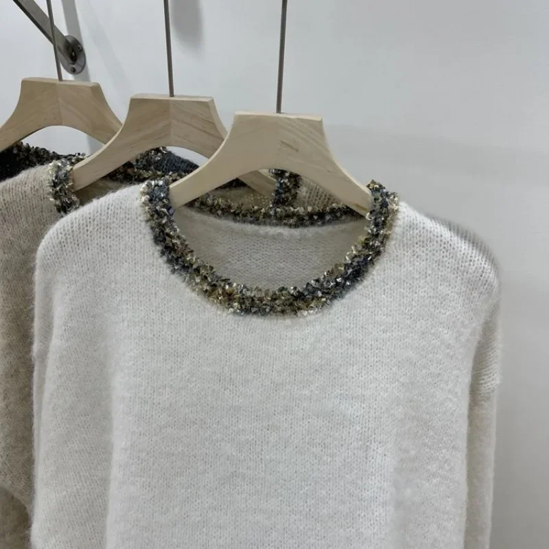 OCEANLOVE Grey Mohair Women Sweaters Lurex Korean Fashion Chic