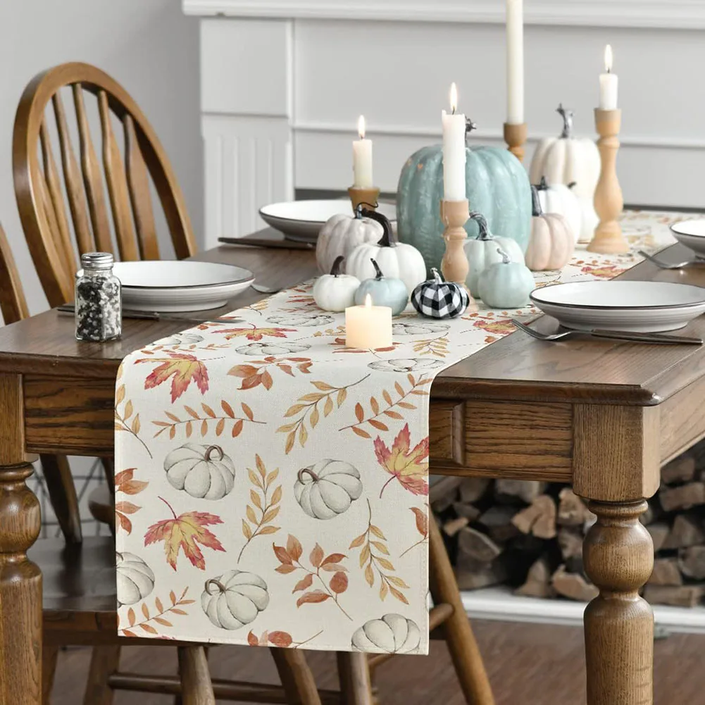 Autumn Thanksgiving Table Runner Linen Buffalo Plaid Pumpkins Mushrooms Dining Table Decoration Indoor Outdoor Tablecloth 1