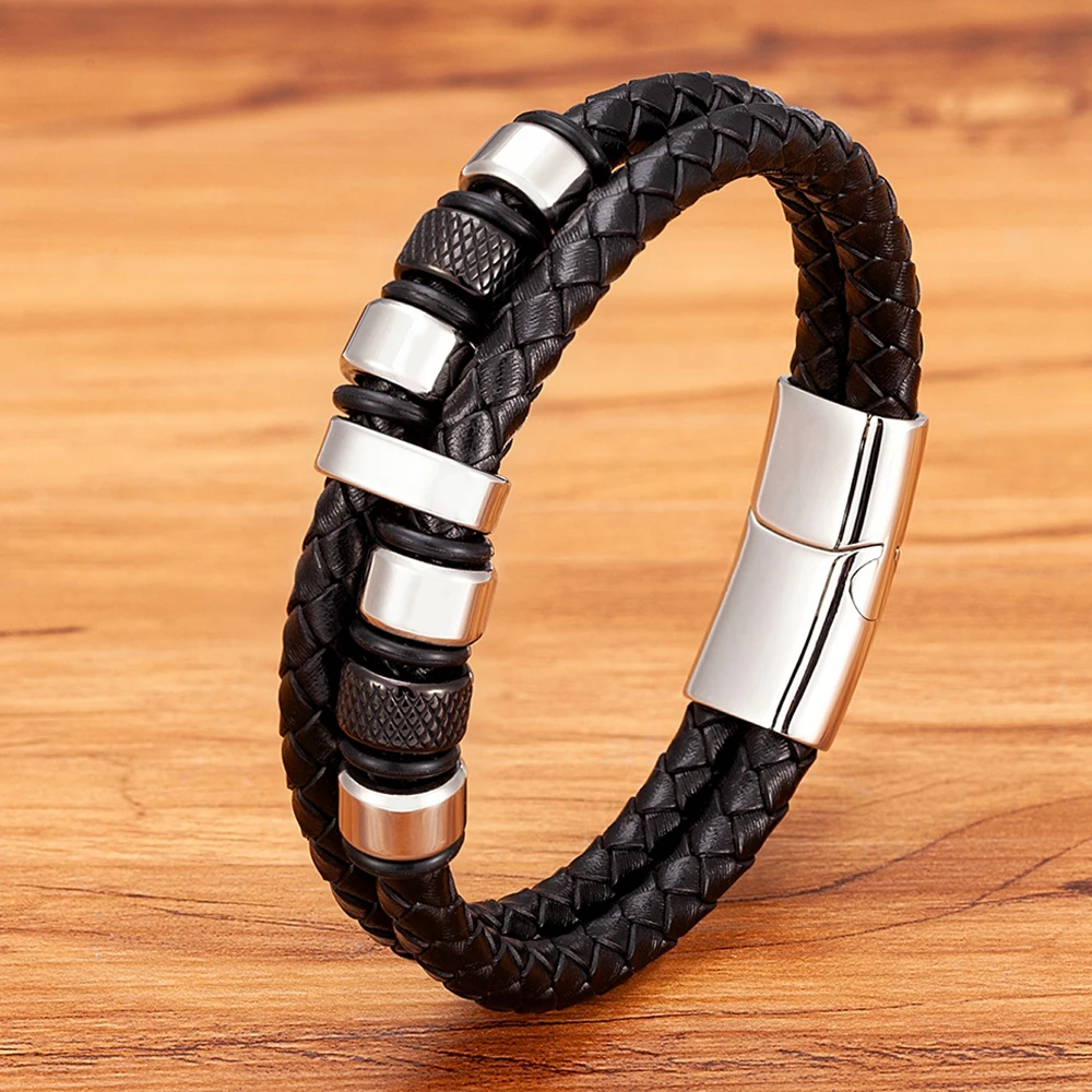 Double Layers Stainless Steel Mens Bracelet Braided Genuine Leather Combination Magnetic Clasp - Image 3