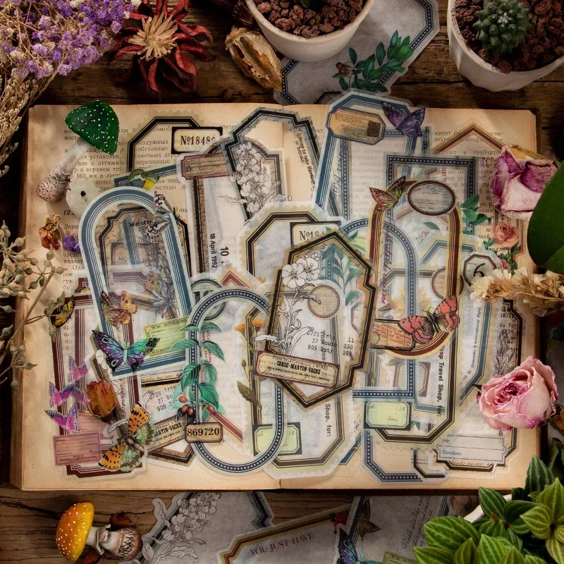 10 Pcs Vintage Plants Collage Border Dual Material Stickers Pack Diy Diary Junk Journal Decor Frame Sticker Album Scrapbooking
