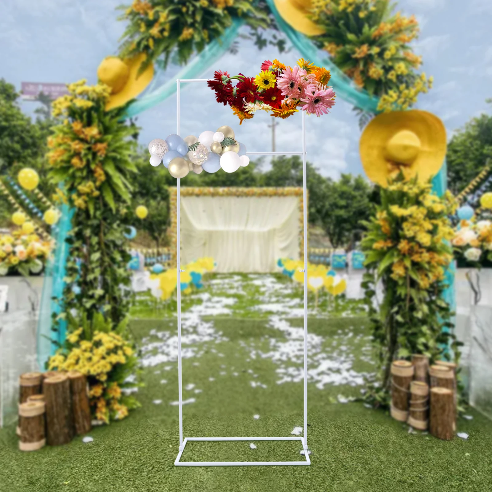 5FT Metal Wedding Arch Stand Rectangle Balloon Frame Backdrop Venue Decor Flower Display Rack for Wedding 155cm Gold/White