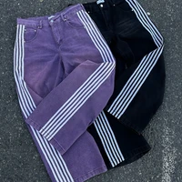 Y2K Stripe Jeans Men Women Solid Wash Embroidery Pocket Logo Heavy Denim Pants Retro Trend Streetwear Unisex Baggy Track Jeans 2