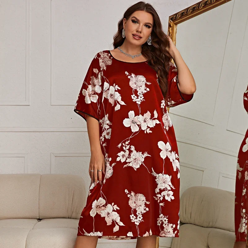 Plus-size Women's Pajamas Silk Ice Silk Nightdress New Summer Home Wear Women's Mid-length Print Sleepwear Crewneck Dress