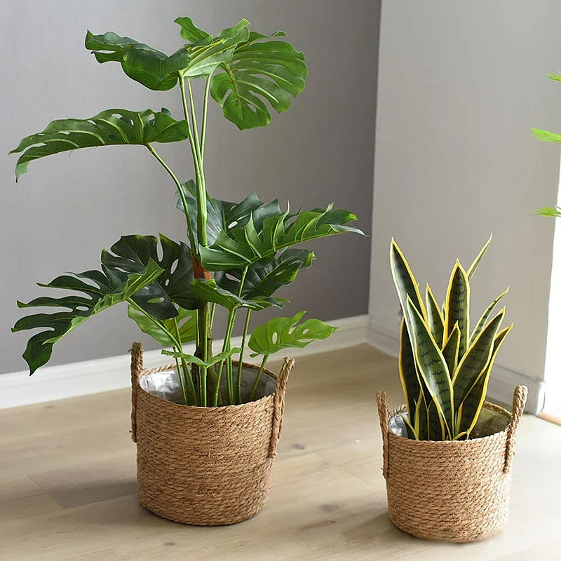 รูปสินค้า กระถางดอกไม้สานจากฟางทำมือสไตล์นอร์ดิก ตะกร้าใส่ผ้าซัก ตะกร้าเก็บของ กระถางต้นไม้ในสวน ที่วางต้นไม้สีเขียว