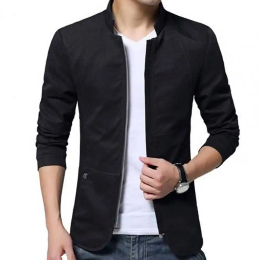 Homens Casual Cor Sólida Stand Collar Zipper Bolso Fino Casaco Blazer Slim Men Moda Marca Blazer Jaqueta de Negócios jacket