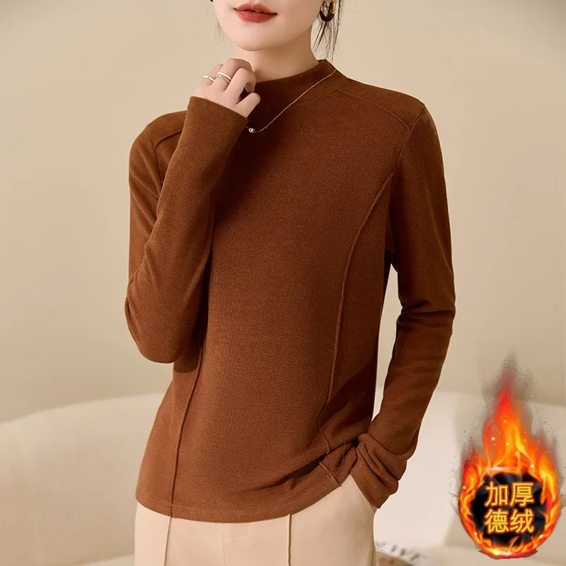 

Underlay Women's Spring Autumn and Winter New 2023 Style with Western Style Long Sleeve Thickened Brushed T-shirt Round Neck Top