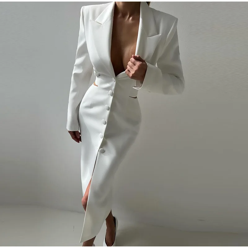 Elegante traje liso, vestidos largos para mujer, vintage, ajustado, sin espalda, con solapa y botonadura sencilla, vestido de otoño para mujer, versátil, para oficina y ropa de calle.