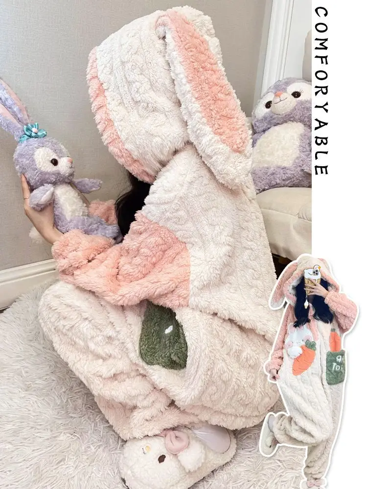 Loose Coral Fleece Jumpsuit Pajama Winter Warm Cartoon Sleepwear Onepieces Nightwear Thickened Flannel Cosplay Rabbit Home Wear