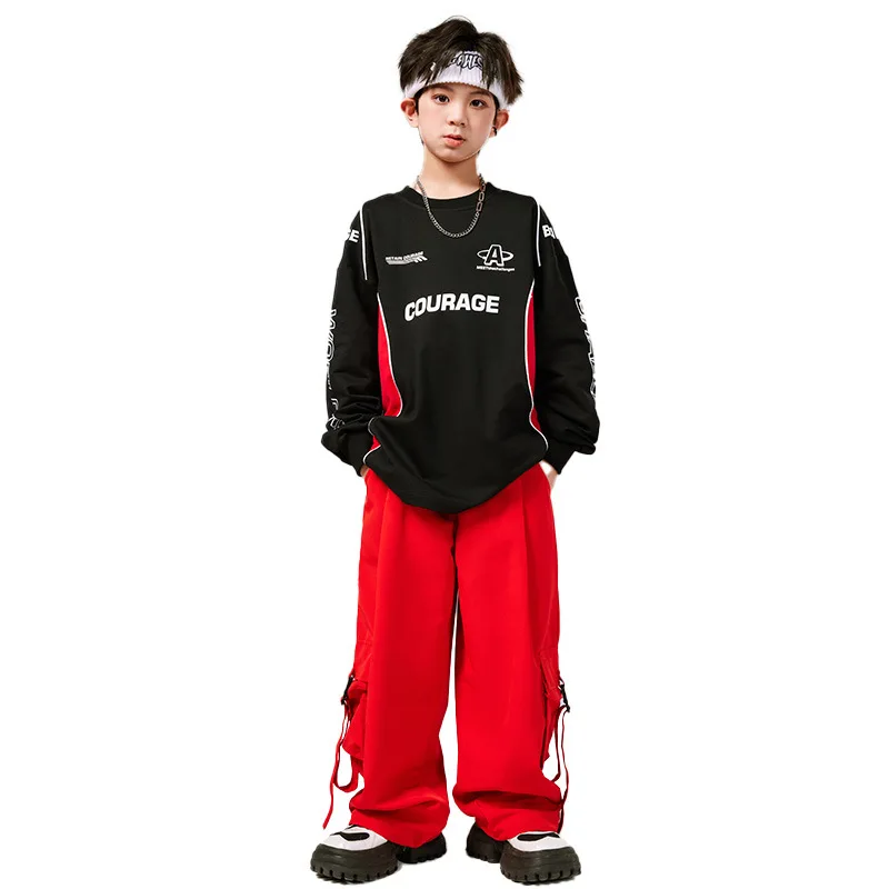 Girls Hip Hop Contrast Crop Top Red Cargo Pants Clothes Sets Boys Street Dance Sweatshirt Kids Jazz Costumes Children Streetwear