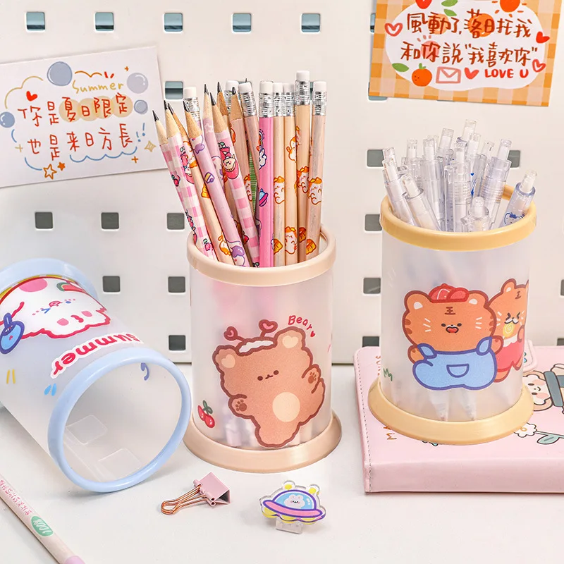 Kawaii Transparent Acrylic Pen Holder Desktop Organizer INS New Fashion Cute Bear Bunny Office Stationery Cosmetics Storage Box pen holder desk organizer pen and brush holder
