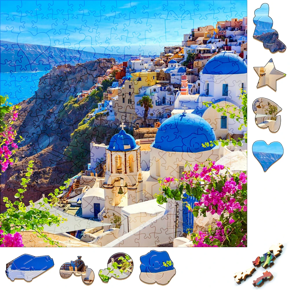 Unique Wooden Puzzles Greece Beautiful Landscape Wood Jigsaw Puzzle Craft Irregular Family Interactive Puzzle Gift for Friend