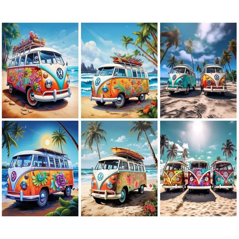 CHENISTORY Diamond Mosaic Embroidery Beach Bus Scenery 5D DIY Diamond Art Painting Paintings For Interior Decoration For Home diamond painting painting set