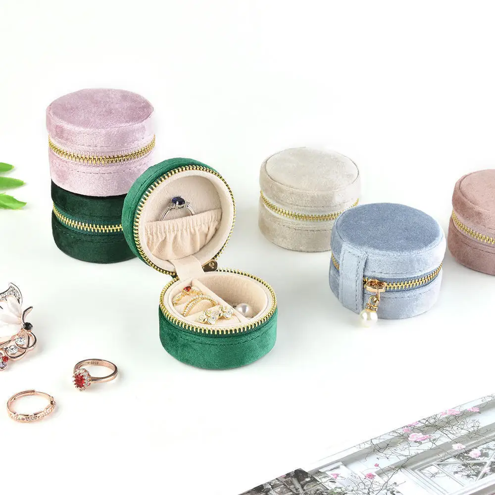 Mini Round Jewelry Box Velvet Zipper Ring Storage Case Portable Travel Earring Necklace Organizer Holder Gift Packaging New