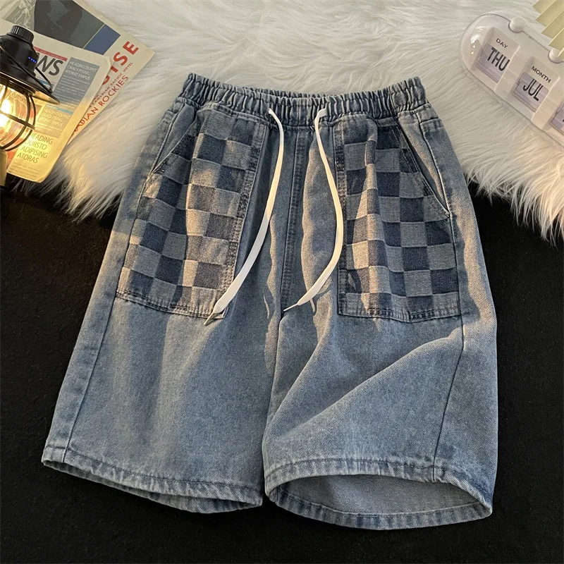 Summer Men Plaid Wide Leg Denim Shorts Casual Baggy Male Hip Hop