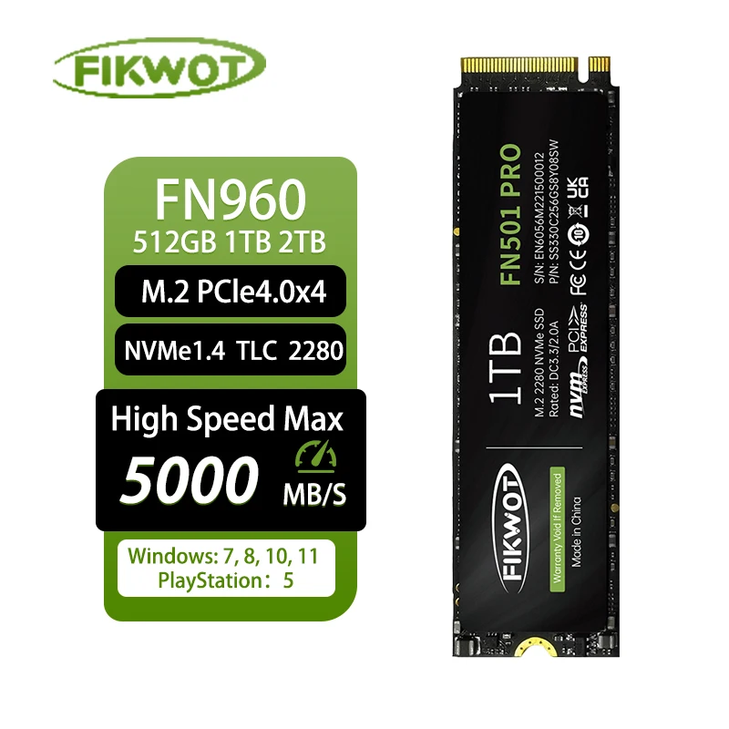 

Fikwot 5000MB/s M.2 SSD 512GB 1TB 2TB with Heatsink PCIe4.0x4 NVMe Hard Disk Internal Solid State Drive for PS5 Desktop PC FN960