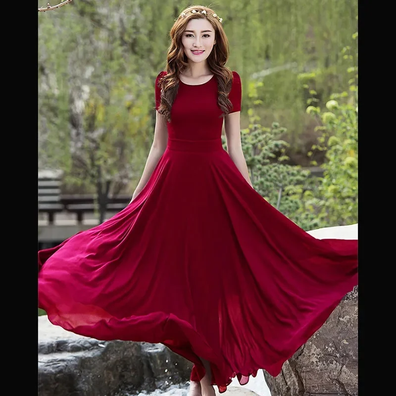 Fashion Long Skirt Summer Dress Women 2024 New Korean Temperament Chiffon Slim Fit Beach Large Hem Skirt Super Long Style Female